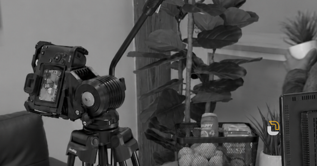 Camera on a tripod set up for a behind-the-scenes video shoot in a Link Creative studio